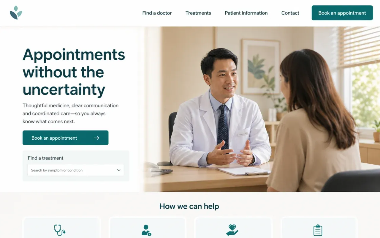 Fictional private clinic homepage concept showing a doctor speaking with a patient and an appointment journey
