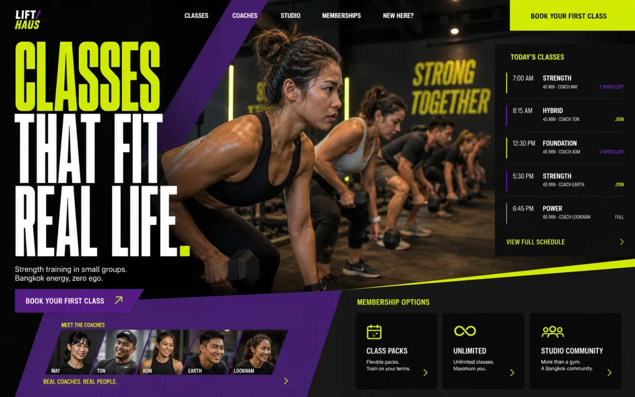 Fictional fitness studio homepage concept showing an energetic group class and live class schedule
