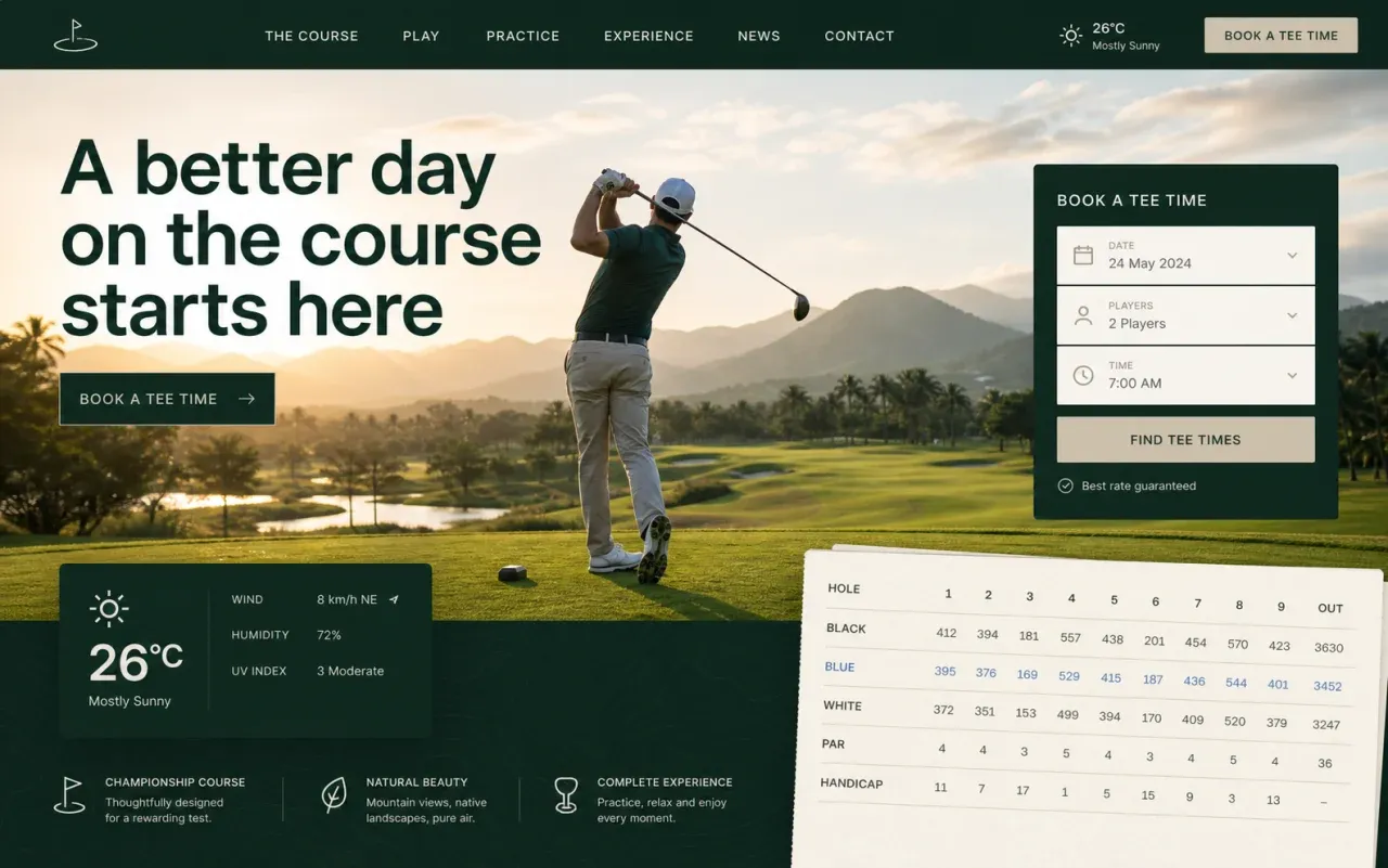 Fictional golf course homepage concept showing a golfer on a Thailand course with tee-time booking tools