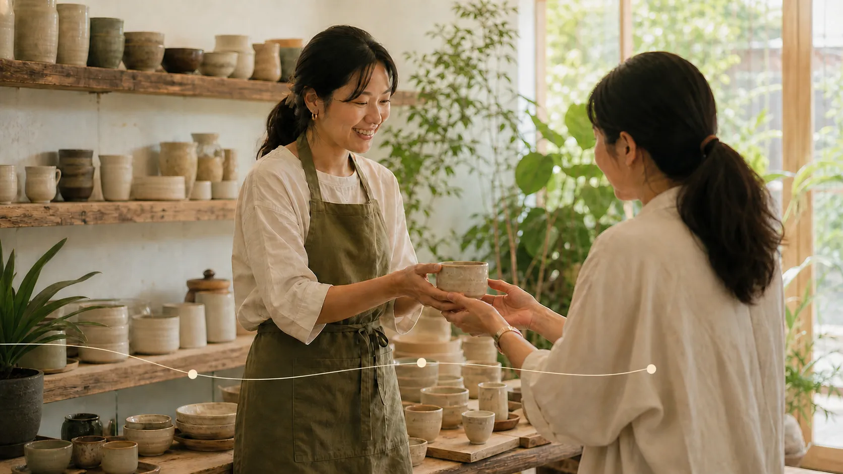 A ceramic studio owner handing a handmade cup to a customer