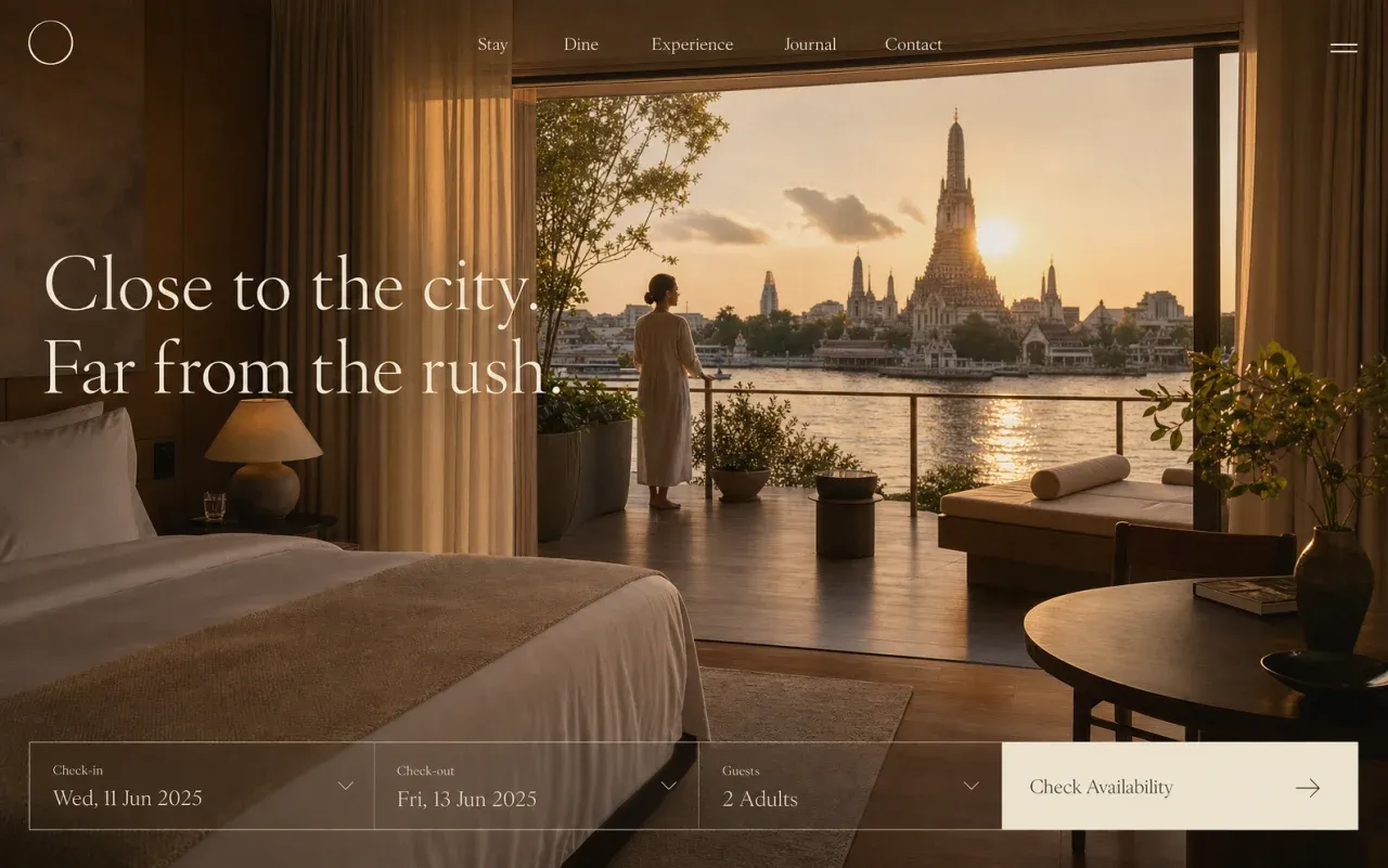 Fictional boutique hotel homepage concept with a riverside room photograph and direct-booking controls