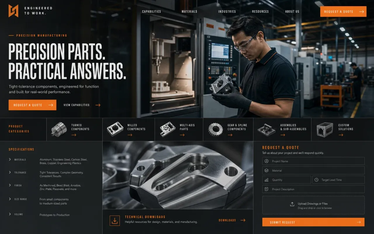Fictional manufacturing homepage concept showing a skilled operator, product categories and quote request