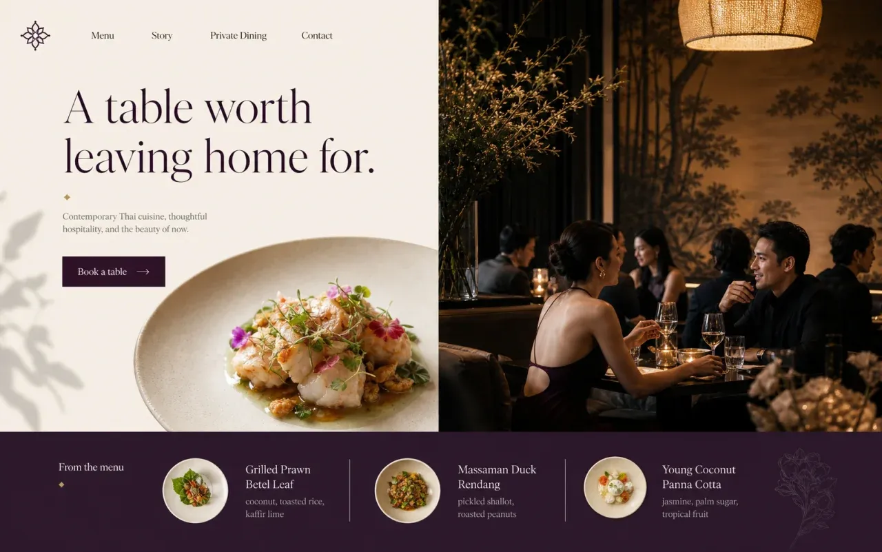 Fictional restaurant homepage concept with a dining-room photograph, plated Thai food, menu preview and booking button