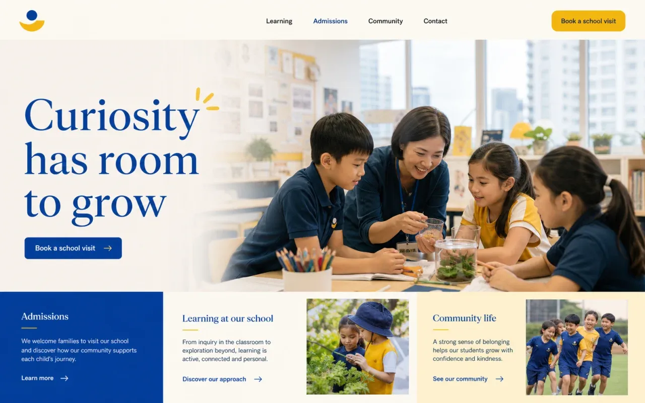 Fictional international school homepage concept showing children learning with a teacher in a bright classroom