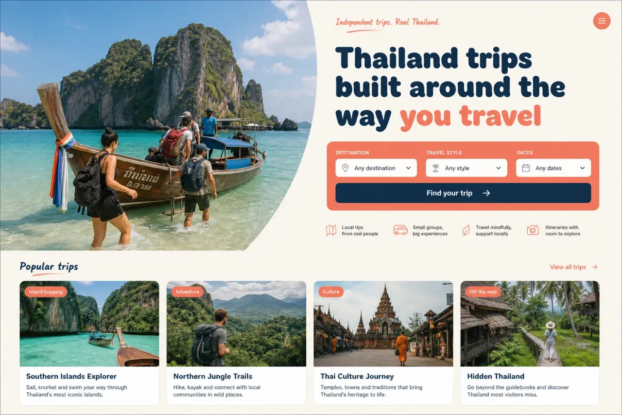 Fictional tour operator homepage concept showing travellers arriving at a Thai island and a trip finder